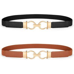 Skinny Elastic Belt Pack for Women Adjustable Fit Dress Waist Gold Buckle